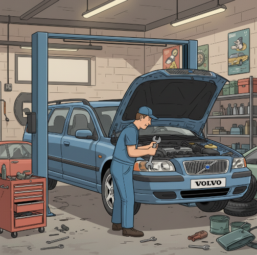 Rajzolt Volvo V70 egy autószervizben